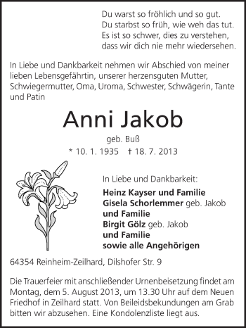 Traueranzeige von Anni Jakob von Darmstädter Echo